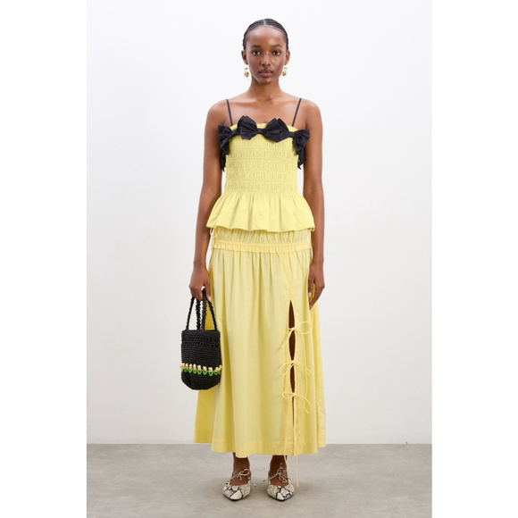 Damson Madder Bea Yellow Black Women's Bow Cami Peplum Organic Cotton UK 12 US 8 - Picture 2 of 13